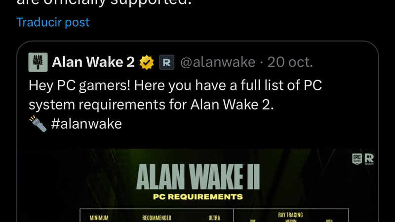 Alan Wake 2 PC requirements, Minimum & recommended specs