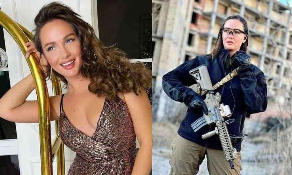 Jovem Mulher Numa Fantasia Sexy De Soldado Posando Com Pistolas Em