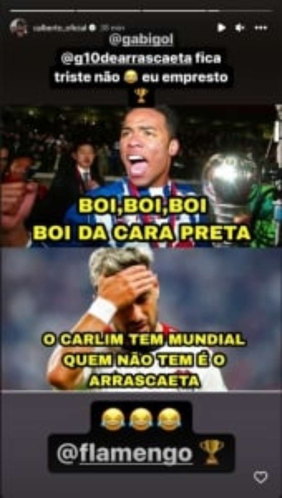 Carlos Alberto posta meme para provocar Arrascaeta e Flamengo após derrota  no Mundial