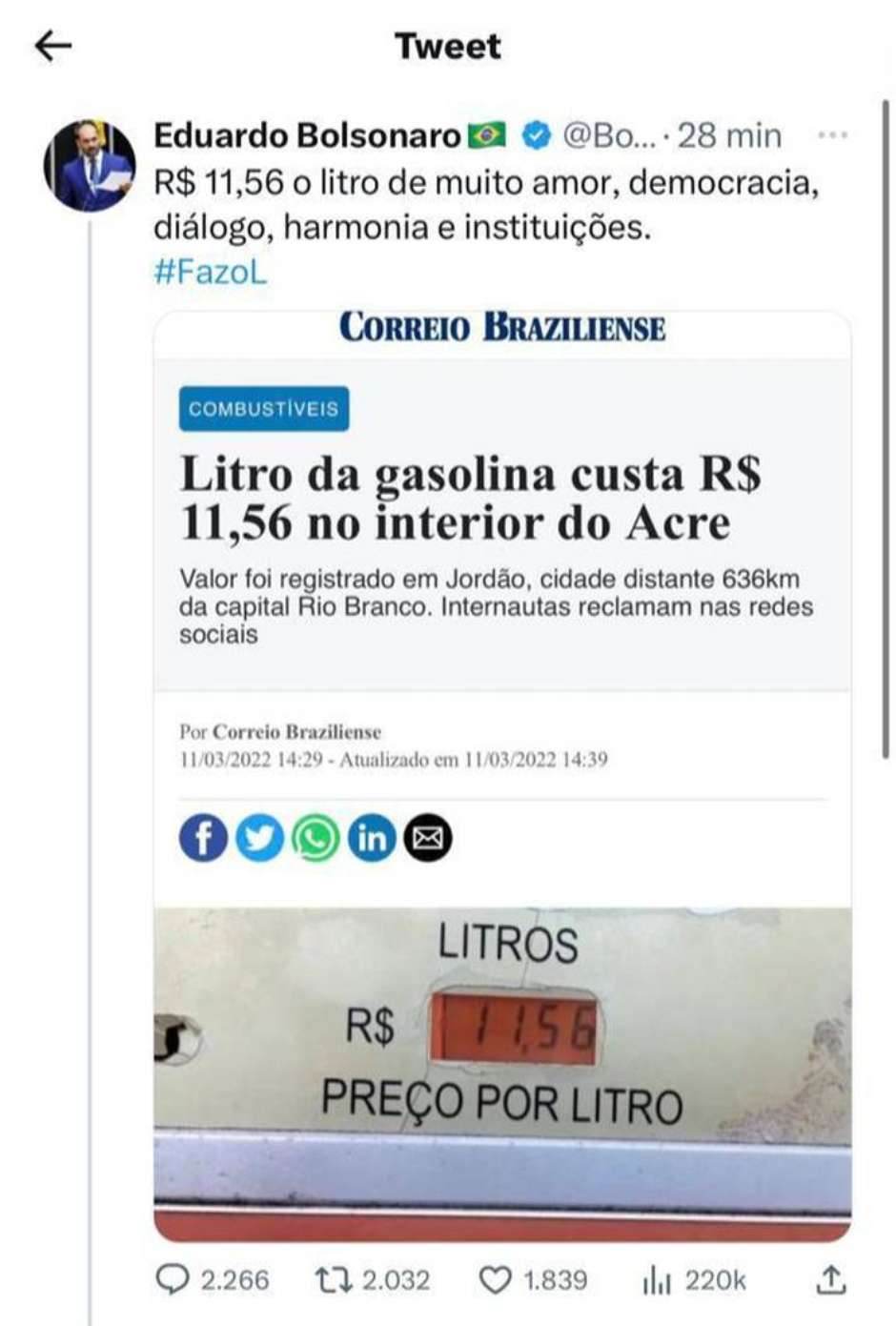 Litro da gasolina custa R$ 11,56 no interior do Acre