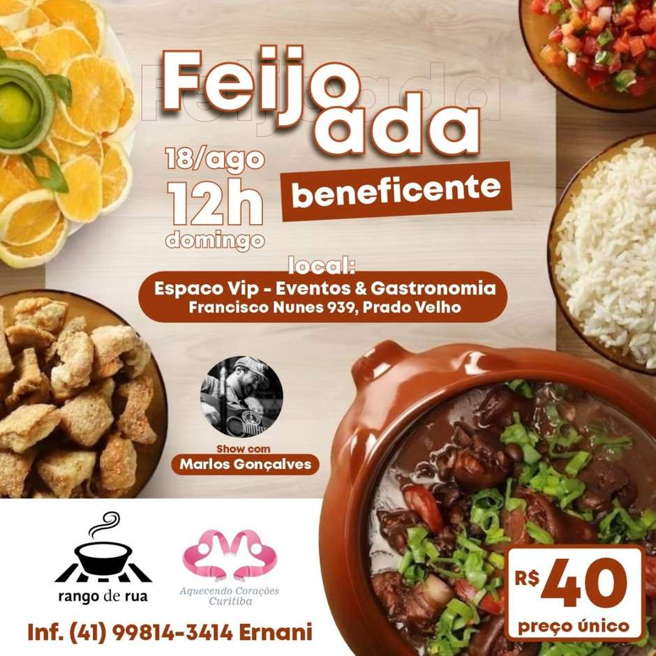 Com opção vegana e show de Marlos Gonçalves, grupo organiza feijoada e  bazar beneficente em Curitiba