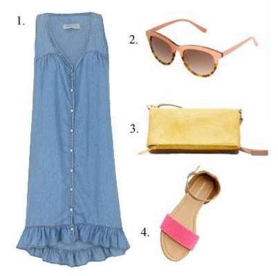 Denim colors 1. Vestido denim de Blanco (12,99 euros). 2. Gafas de sol de Zara (17,95 euros). 3. Bolso bandolera de Blanco (12,99 euros). Sandalias bicolor, también de Blanco (12,99 euros).