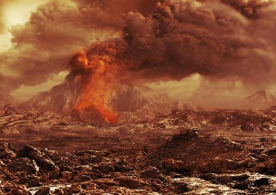 Impressão artística, divulgada no início do mês, mostra como seria um vulcão ativo em Vênus. Estudos indicam grandes mudanças na quantidade de dióxido de enxofre na atmosfera do planeta. Segundo a Agência Espacial Europeia (ESA), uma explicação para o fenômeno seria atividade vulcânica