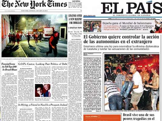 Alguns dos principais jornais do mundo destacaram a tragédia de Santa Maria em suas edições impressas desta segunda-feira. Fotos impactantes do incêndio da boate Kiss estavam entre as chamadas mais importantes de diários. Confira a seguir: