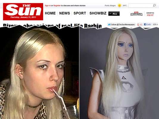 A ucraniana Valeria Lukyanova, de 23 anos, ficou conhecida após publicar fotos na internet com aparência semelhante à da Barbie. Cabelos loiros, cintura fina e olhos azuis a tornam um "clone" da boneca, mas as curvas e traços da jovem exigem muito esforço. Ela contou que vive de uma dieta líquida e acredita que vem de outro planeta