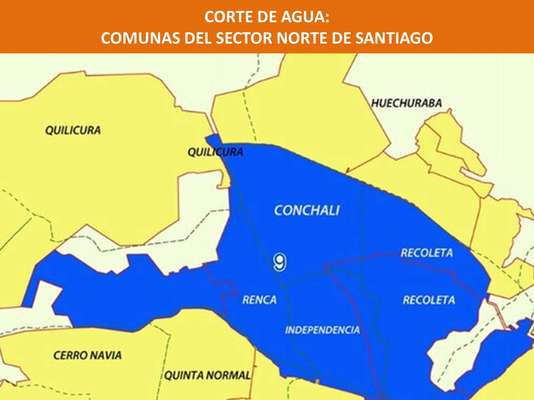 Las comunas en azul son las afectadas por el corte de agua en la Región Metropolitana