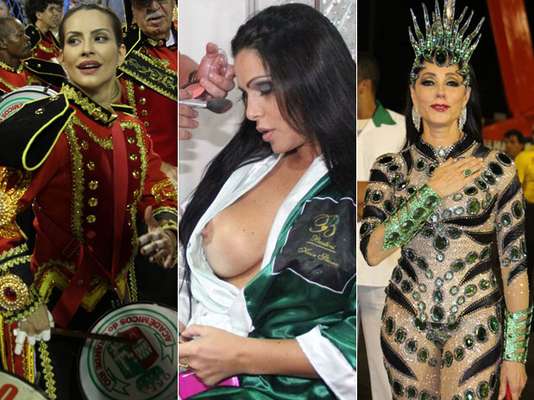 Cleo Pires, Fabiana Andrade e Christiane Torloni ajeitam as fantasias antes de entrarem na Sapucaí para o Desfile das Campeãs do Rio, neste sábado (16)