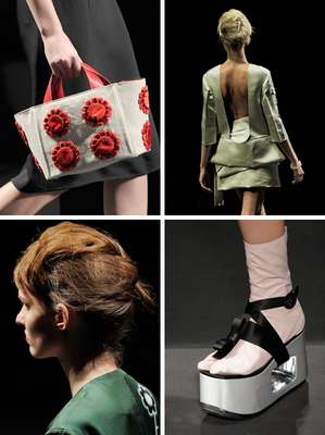 Flores, moños, sandalias tipo gueta... Toda la imaginería oriental salta a la pasarela de la mano de Miuccia Prada. Cuando ella crea, los demás reproducen (imágenes detalle del desfile de Prada S/S 2013).