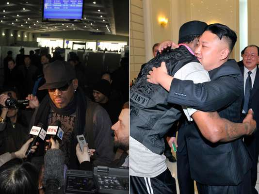 Ex-jogador da liga profissional de basquete dos Estados Unidos, a NBA, Dennis Rodman deixou a Coreia do Norte nesta sexta-feira. O americano passou a semana em Pyongyang, a capital do país, onde foi recebido pelo líder local Kim Jong-Un, para uma série de eventos: juntos, eles jantaram e assistiram a uma partida de basquete do time profissional Harlem Globetrotters. Veja fotos: