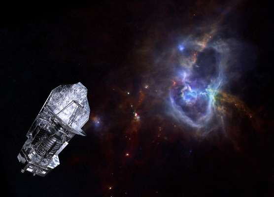 Lançado em maio de 2009 para estudar a formação das estrelas, o telescópio espacial Herschel encerrou definitivamente suas atividades. Nesta projeção divulgada pela Agência Espacial Europeia, o telescópio tem como pano de fundo o berçário estelar W40, localizado a 1 mil anos-luz, na constelação de Aquila
