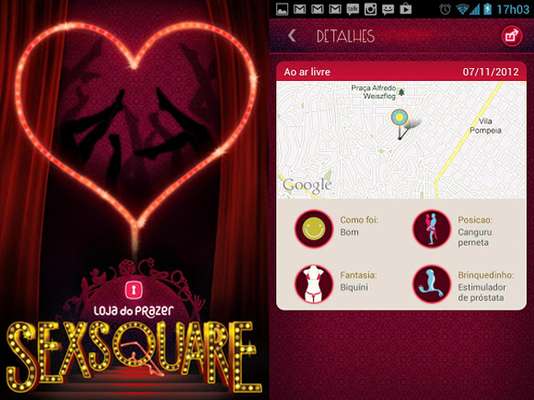 Sexsquare: com anonimato garantido, o usuário faz check-in no local onde fez sexo e pode adicionar informações como posição, parceiro e até se usaram algum apetrecho. Disponível para Android. Gratuito