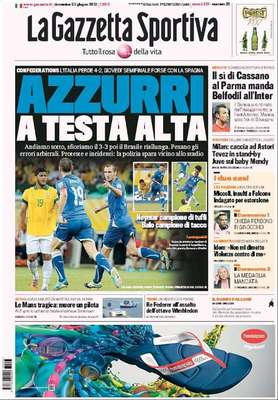 O tradicional jornal italiano La Gazzetta dello Sport não gostou do que viu na partida Itália 2 x 4 Brasil: reclamou da arbitragem, lembrou a ação de policiais nos arredores do estádio, chamou Neymar de "campeão de mergulho" e exaltou Balotelli como "campeão de calcanhar", graças ao belo passe do atacante italiano para o gol de Giaccherini no começo do primeiro tempo