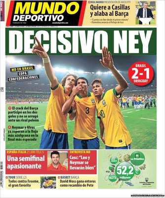 Com de costume nos últimos dias, os jornais da Catalunha destacaram a atuação de Neymar, novo reforço do Barcelona. Na capa do Mundo Deportivo, o atacante é chamado de ''decisivo'': ''o craque do Barça participou dos dois gols e não se intimidou diante de um rival valente''