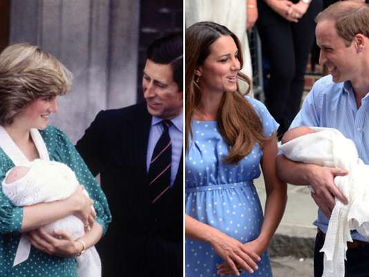 Los lunares blancos fueron el estampado elegido para el vestido con el que saldrían a saludar a la prensa. En el caso de Kate Middleton, pudimos verla lucir un delicado diseño de Jenny Packham, muy similar al de Diana el día del nacimiento de William.