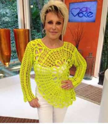 A blusa amarela de crochê da apresentadora Ana Maria Braga ficou em primeiro lugar no ranking dos figurinos mais pedidos de setembro