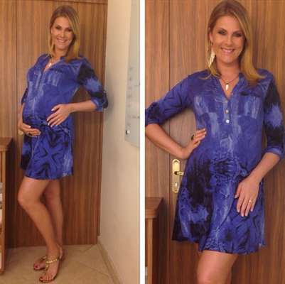Aos seis meses de gravidez, Ana Hickmann mantém a preocupação com o "look do dia". No Instagram, a apresentadora postou uma foto em que aparece de vestido azul estampado e rasteirinhas