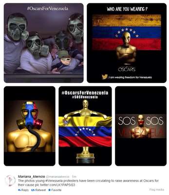 Usuários do Twitter protestam na noite do Oscar chamando a atenção dos milhares de expectadores e artistas, compartilhando fotos e frases sobre situação no país. Venezuelanos pedem para artistas "dizerem o que a mídia de seu país não pode"
