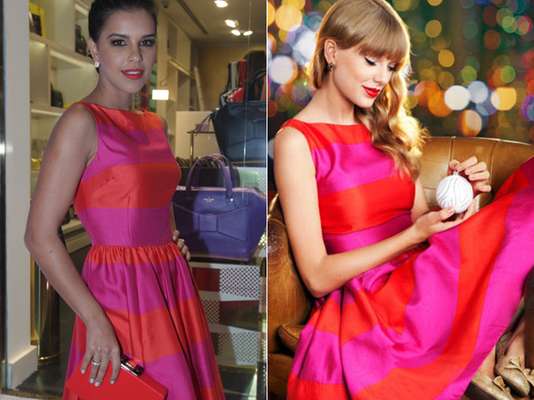 A atriz brasileira Mariana Rios optou pelo vestido chamado Carolyn, da grife de Nova York Kate Spade, para conferir o lançamento de uma nova bolsa da mesma grife, nesta quinta-feira (28), em São Paulo. O vestido-desejo é listrado nas cores pink e vermelho e foi usado em 2012 pela cantora americana Taylor Swift. A cantora apareceu com a peça nas mesmas cores em foto de divulgação da marca de 2012 e, no mesmo ano, voltou a usar o vestido em preto e branco