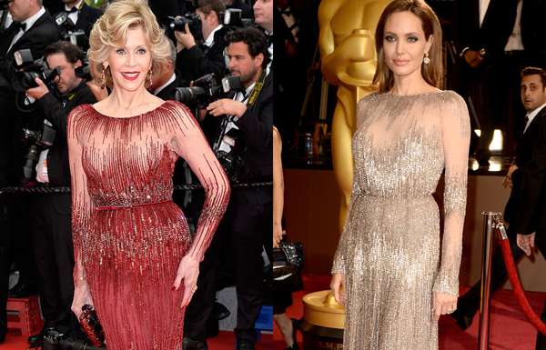 No tapete vermelho do Festival de Cannes, na quarta-feira (14), Jane Fonda chamou atenção com vestido longo assinado por Elie Saab. O modelo é o mesmo usado por Angelina Jolie no Oscar, realizado em março deste ano. A diferença entre as peças está na cor: vermelha para Jane e champanhe para Angelina. Outro pequeno detalhe é a barra, mais aberta no look da Jane