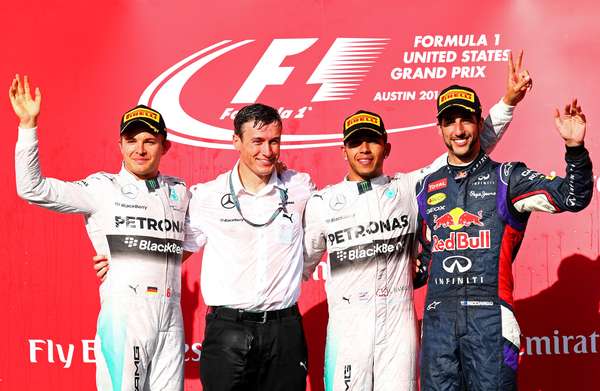 Nico Rosberg, em segundo, e Daniel Ricciardo, terceiro, completaram o pódio do GP dos EUA, realizado neste domingo.