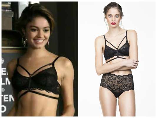 Na novela Babilônia, Alice (Sophie Charlotte) aposta em strappy bra preto, que ficou entre os figurinos mais pedidos da TV Globo em abril. A peça é da Janiero Body of Colours. Preço: R$ 169. Informações: (11) 3380-0877