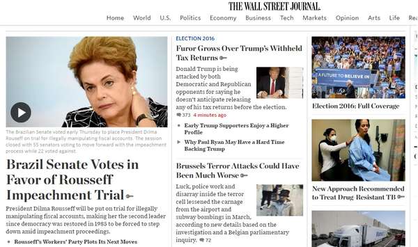 O jornal americano 'The Wall Street Journal' destaca que Dilma Rousseff é a segunda presidente a ser afastada do poder por processo de impeachment desde que a democracia foi restabelecida no Brasil em 1985