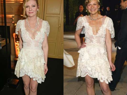 Kirsten Dunst repete vestido rendado 13 anos depois