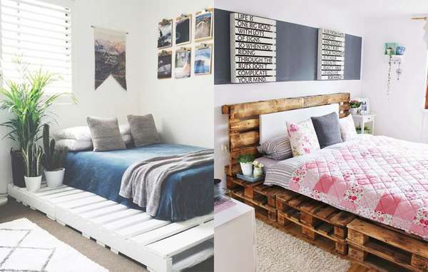 Os pallets são ótimas sustentações para a sua cama, seja ela de solteiro ou casal. E ainda dá pra pintar e deixar a madeira ainda mais personalizada.