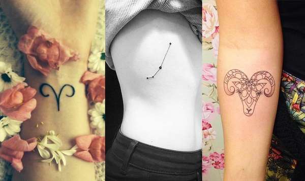 ÁriesOs arianos podem escolher entre diversos tipos de desenho: à esquerda, o símbolo do signo tatuado de maneira simples; ao centro, a constelação astrológica do signo; e à direita, o carneiro de Áries desenhado em detalhes geométricos.