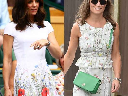 Kate Middleton e Pippa Middleton optaram por looks florais para prestigiarem o torneio de Wimbledon, em Londres, em 16 de julho de 2017