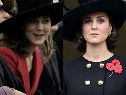 Grávida de 4 meses, Kate Middleton repetiu chapéu preto com alças da grife Philip Treacy em evento nacional neste domingo, dia 12 de novembro de 2017