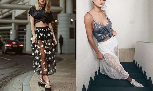 SAIA + TRANSPARÊNCIAQuando estamos no Carnaval de rua, só queremos curtir a música confortavelmente, certo? Por isso, nada melhor do que buscar looks legais, mas que não atrapalhem a festa. A saia midi ou longa com transparência é uma aposta certeira para arrasar. Isso porque ela refresca, mas ao mesmo tempo não mostra tanto as pernas, e ainda pode cobrir eventuais mudanças de tempo.