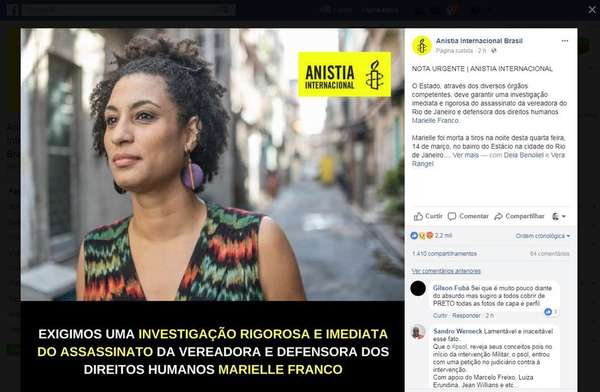 Imprensa estrangeira repercute o assassinato da vereadora Marielle Franco - Veículos de comunicação internacionais e organizações de defesa dos Direitos Humanos repercutem o assassinato da vereadora carioca Marielle Franco (PSOL). Ela foi morta a tiros na noite desta quarta-feira, 14, dentro de um carro na região central da capital fluminense, quando ia de um evento para casa. O motorista do veículo também foi assassinado.