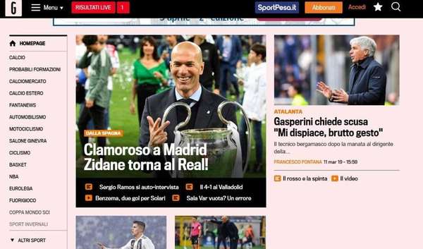 La Gazzetta dello Sport - Anuncio foi trocado pela manchete "Real Madrid, Zidane re-apresenta: 'Era impossível dizer não'"