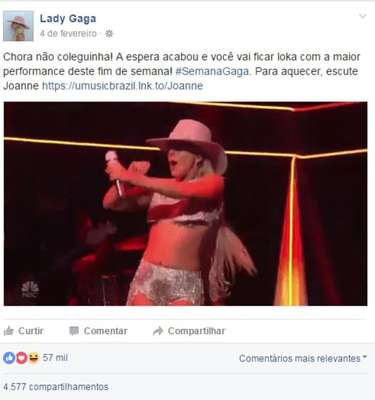 Quando a página da Lady Gaga citou Simone e Simaria - 'Chora não coleguinha. A espera acabou', disse a página, citando a música da dupla de 'feminejo' para anunciar a apresentação de Gaga no SuperBowl.
