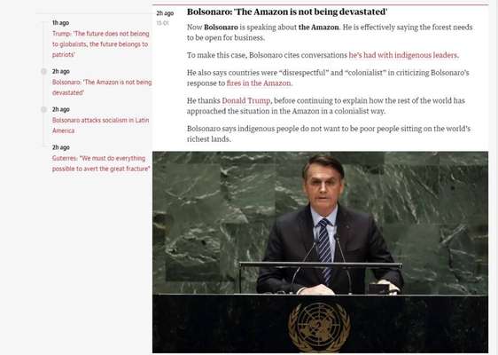 Repercussão do discurso de Bolsonaro na ONU - O jornal inglês "The Guardian" repercute fala de Bolsonaro na 74ª Assembleia-Geral das ONU.