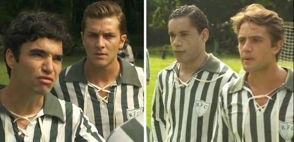'Lado a Lado' (2013) - Personagens como Fernando (Caio Blat), Umberto (Klebber Toledo) e Albertinho (Rafael Cardoso) adoravam jogar futebol, esporte recém-chegado ao Brasil à época de 'Lado a Lado', novela 'de época' da Globo. Em determinado momento, o racismo nos primórdios do esporte no Brasil foi abordado quando Chico (César Mello) era pago para jogar no time passando pó de arroz em sua pele, para esconder o fato de ser negro e, assim, poder entrar em campo - o que não era permitido.