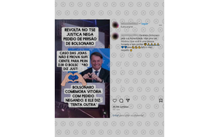 Print mostra vídeo com foto de Bolsonaro ao fundo e legenda: ‘Revolta no TSE Justiça nega pedido de prisão de Bolsonaro. Caso das joias não é prova suficiente para prender Bolsonaro, diz Justiça. Bolsonaro comemora vitória com pedido negando e ele diz Tenta outra’