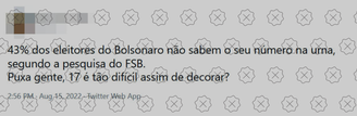 Publicação comentava desconhecimento do novo número de Bolsonaro e sugeria que ele seria 17