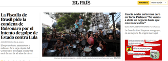 A homepage do El País, em que o pedido da PGR de condenação de Bolsonaro está em destaque