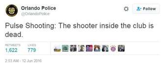 Tiroteio na Pulse: O atirador dentro da boate está morto, diz tuíte da polícia de OrlandoImage copyrightPOLÍCIA DE ORLANDO
Image caption
Tiroteio na Pulse: O atirador dentro da boate está morto, diz tuíte da polícia de Orlando