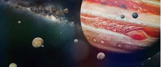 Planeta Júpiter com alguns do 69 conhecido luas com a galáxia