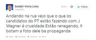 Geddel, que disputa uma vaga no Senado pela Bahia, fez algumas provocações aos adversários do PT em mensagem postada no Twitter