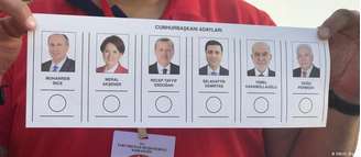 Cédula eleitoral com os candidatos à Presidência na Turquia. Oposição tem chance de impedir que Erdogan vença no 1° turno. 