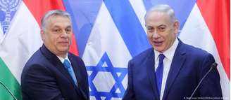O premiê húngaro Viktor Orbán é aliado de longa data de Benjamin Netanyahu e já defendeu a visita do israelense à Hungria. Na foto, os dois líderes participam de conferência coletiva, em Israel, em 2018