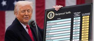 Trump durante anúncio de suas "tarifas recíprocas" em abril nos jardins da Casa Branca