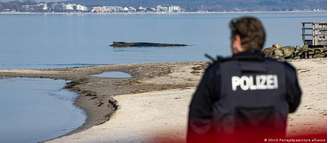 Policial observa baleia encalhada 