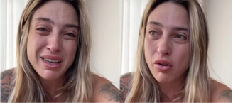 Tati Dias chorou nesta segunda-feira, 12, ao comentar o fim do noivado com a cantora Lauana Prado