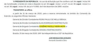 Exoneração do general de brigada Eugênio Pacelli Vieira Mota publicada no 'Diário Oficial' de 25 de março