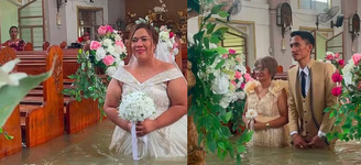 Casal mantém celebração de casamento mesmo igreja alagada na altura da cintura